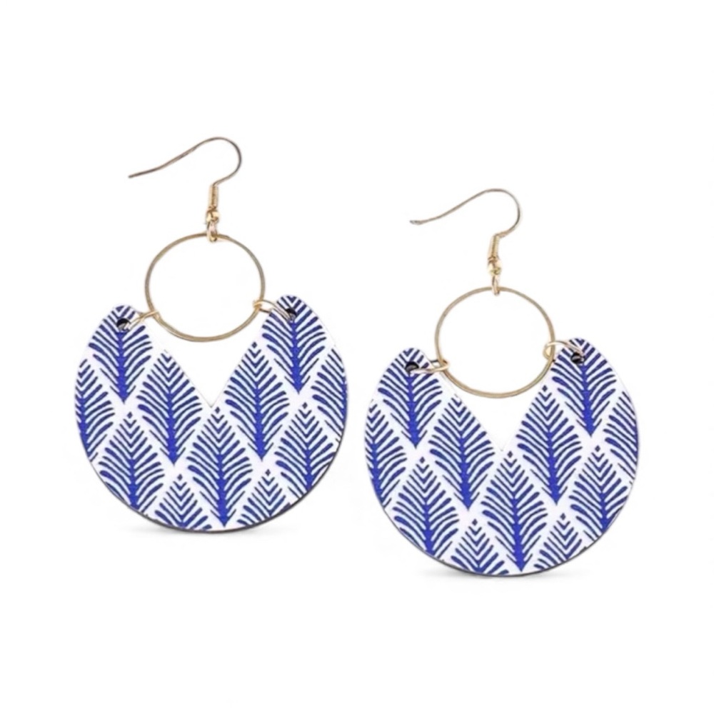 Blue Leaf Pattern Wood Dangle Earrings - Picture 1 of 2